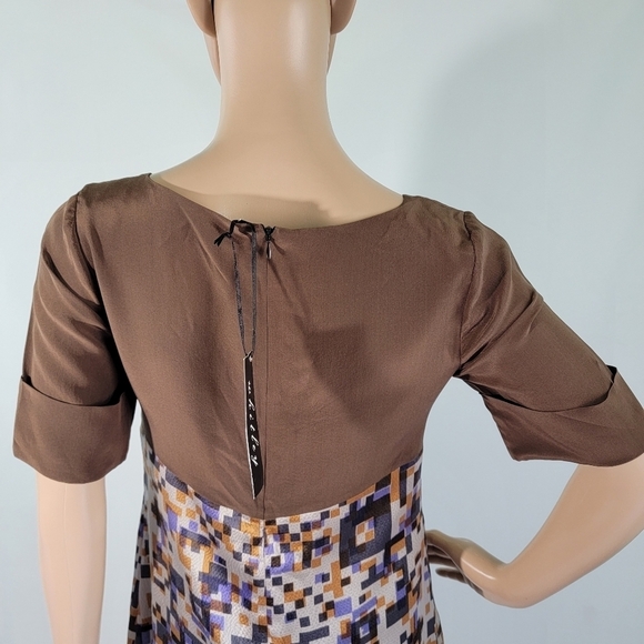 NEW Whitley Womens Cocoa/Purple Mixed Prints Sateen Square Neck Shift Dress Sz S - Picture 6 of 10